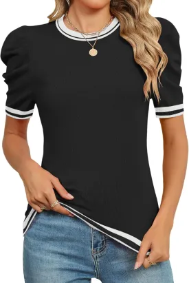 AKEWEI Puff Short Sleeve Sweater for Women Tops Trendy Spring Summer 2025 Business Casual Outfits Knit Crewneck Shirt Blouses