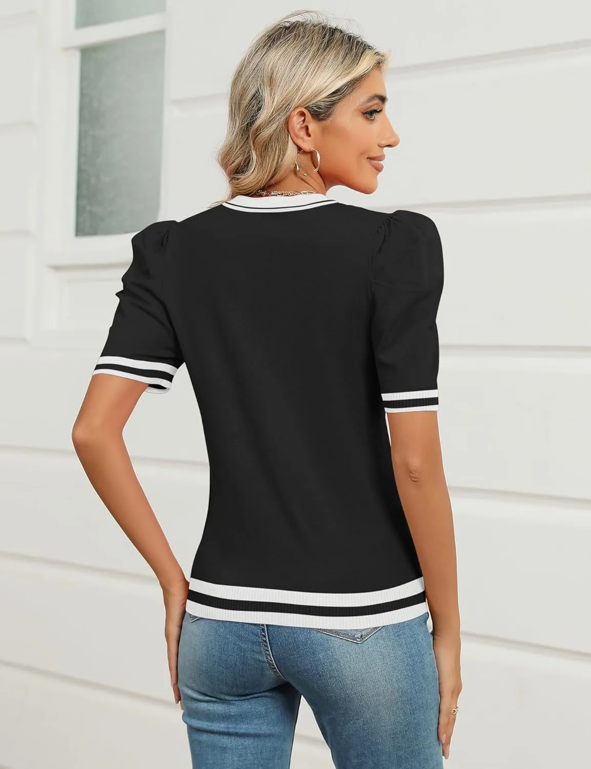 AKEWEI Puff Short Sleeve Sweater for Women Tops Trendy Spring Summer 2025 Business Casual Outfits Knit Crewneck Shirt Blouses