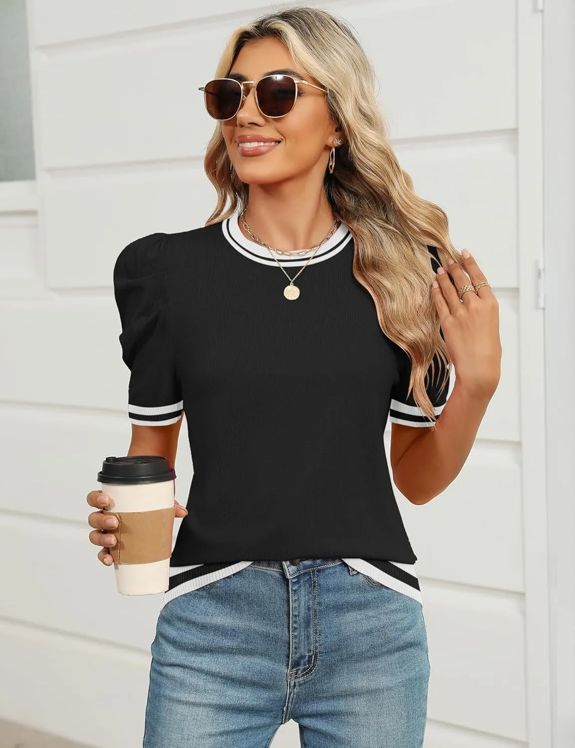 AKEWEI Puff Short Sleeve Sweater for Women Tops Trendy Spring Summer 2025 Business Casual Outfits Knit Crewneck Shirt Blouses