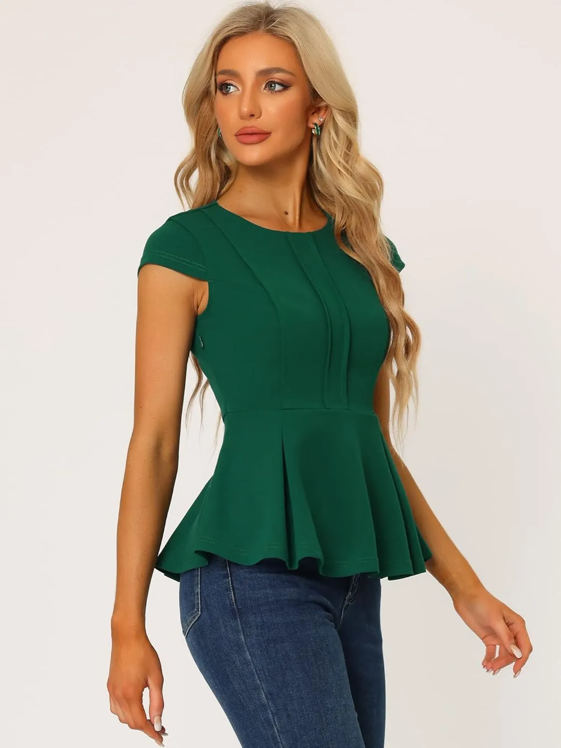 Allegra K Women's Peplum Top Cap Sleeve Round Neck Dressy Summer Workwear Blouse for Business Casual