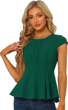 Allegra K Women's Peplum Top Cap Sleeve Round Neck Dressy Summer Workwear Blouse for Business Casual