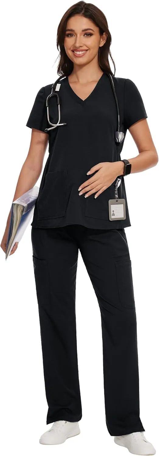 AMPOSH Women's Maternity Scrub Pants with 6 Pockets Stretchy Straight Leg Pregnancy Workwear