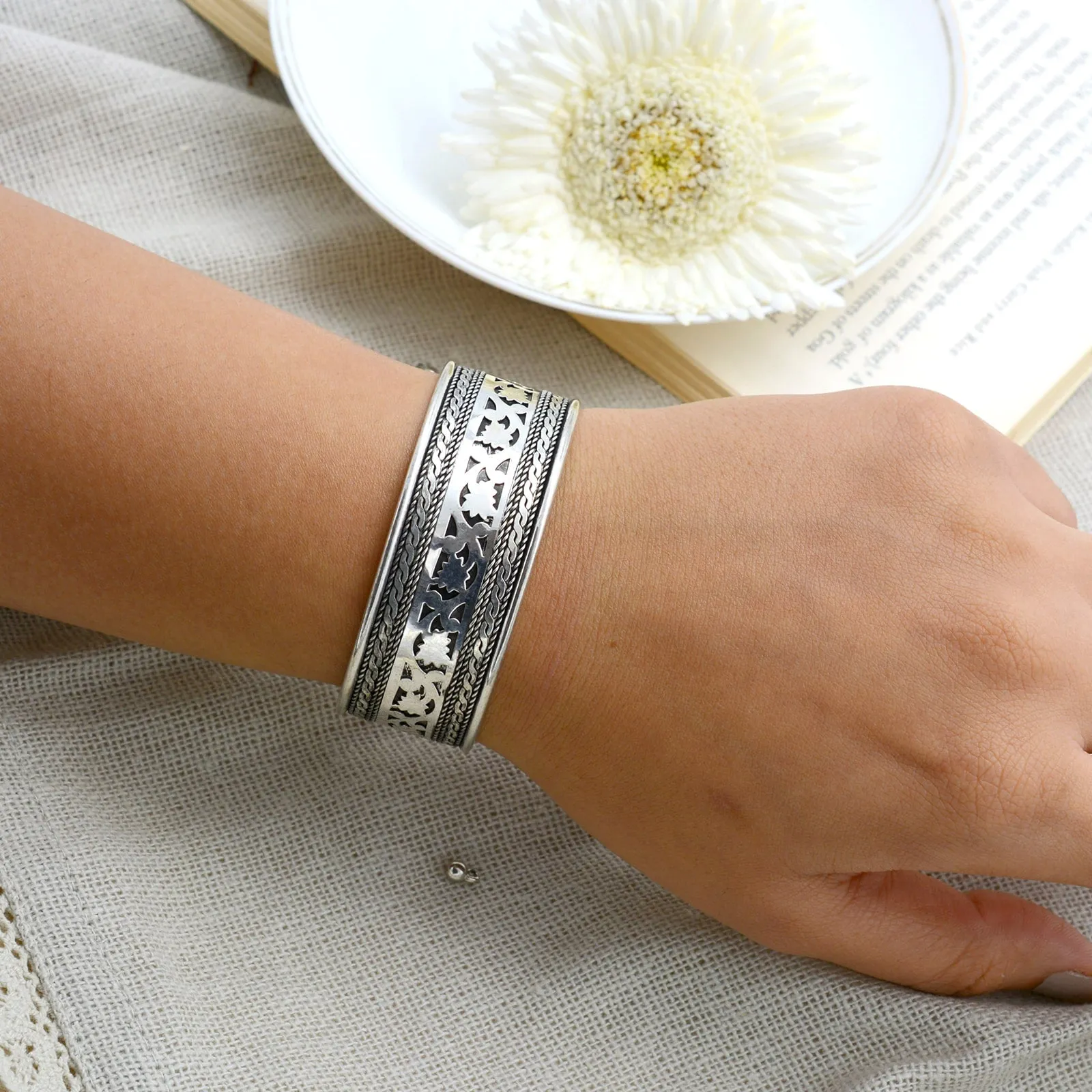 Chaya Floral Embossed Silver Oxidized Bracelet Cuff