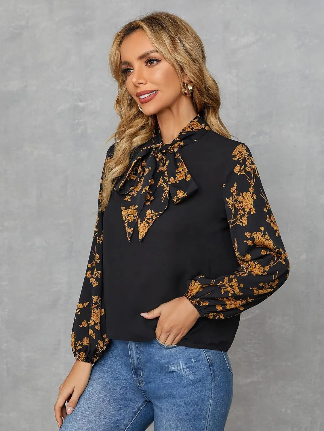 Floerns Women's Printed Bow Tied Neck Lantern Long Sleeve Workwear Shirts Blouse