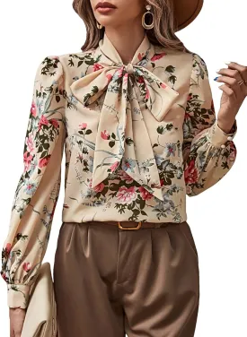 Floerns Women's Printed Bow Tied Neck Lantern Long Sleeve Workwear Shirts Blouse