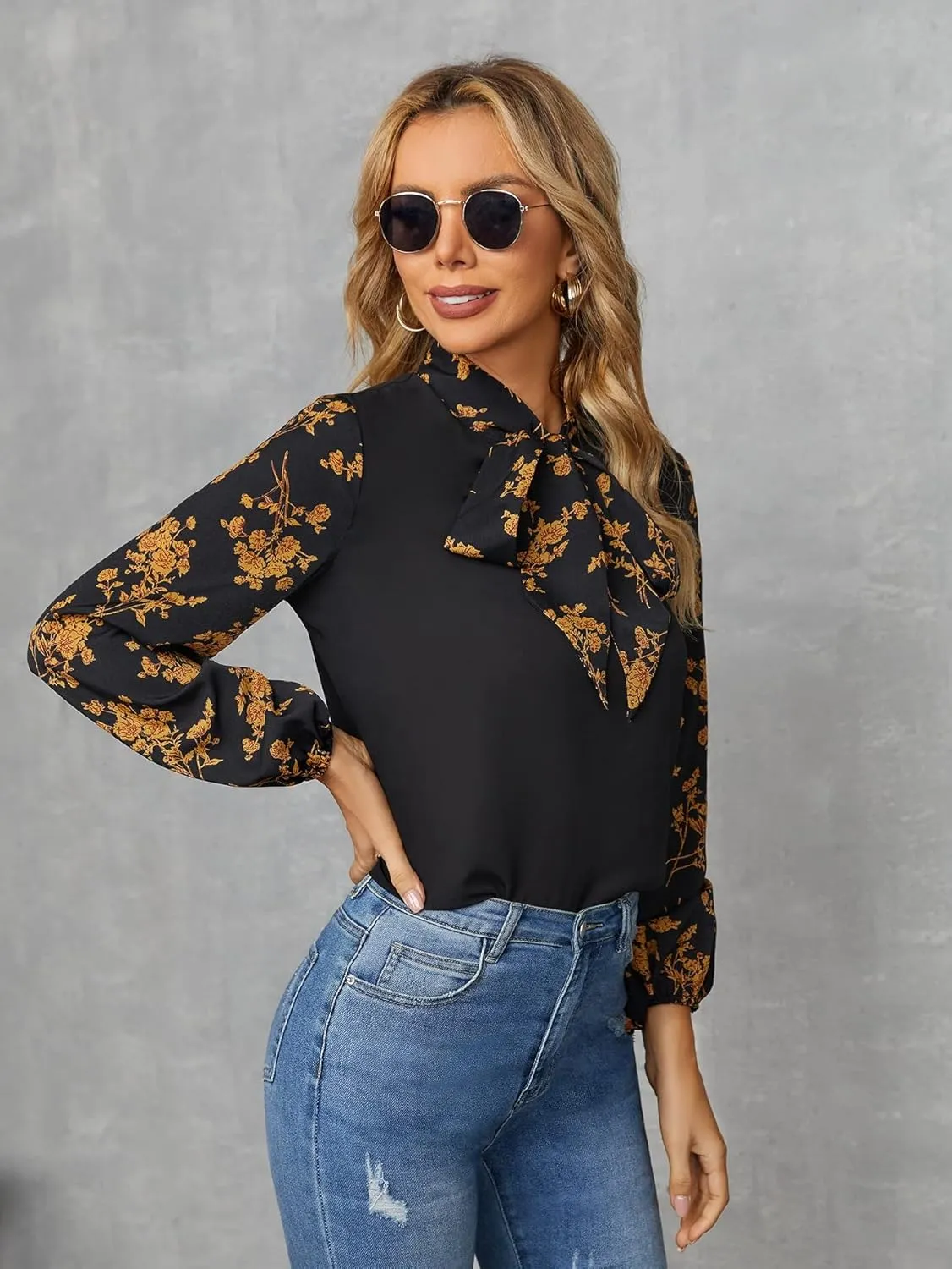 Floerns Women's Printed Bow Tied Neck Lantern Long Sleeve Workwear Shirts Blouse
