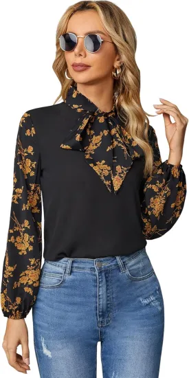 Floerns Women's Printed Bow Tied Neck Lantern Long Sleeve Workwear Shirts Blouse