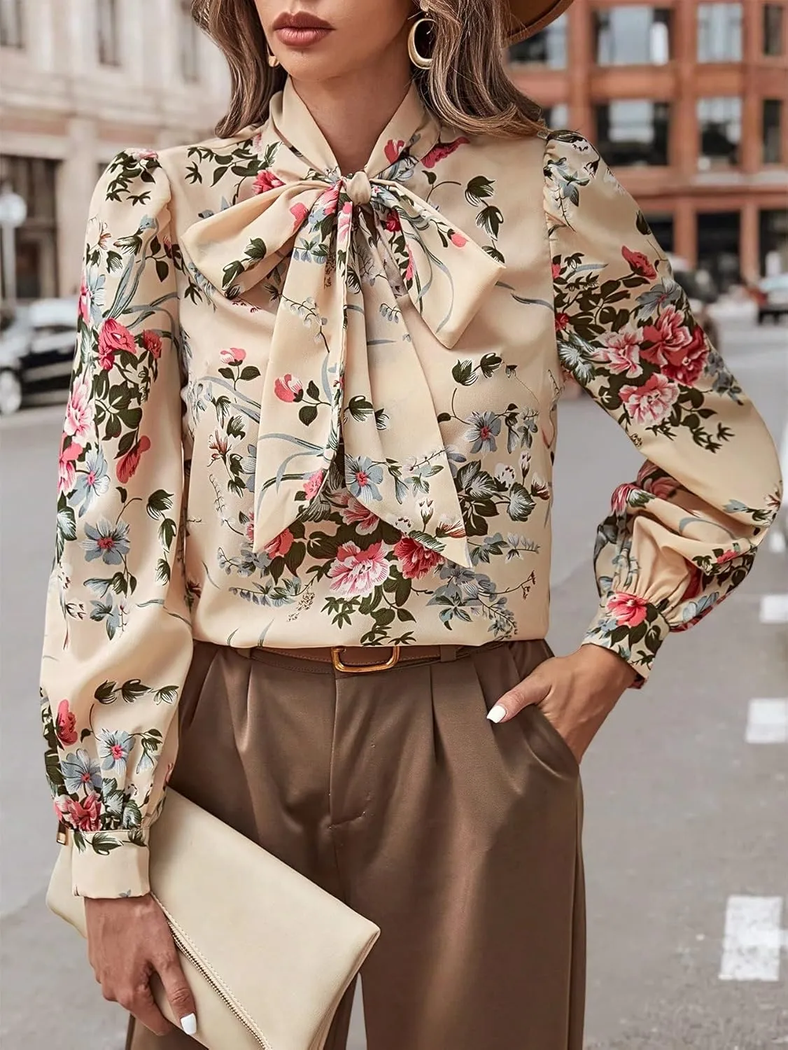 Floerns Women's Printed Bow Tied Neck Lantern Long Sleeve Workwear Shirts Blouse