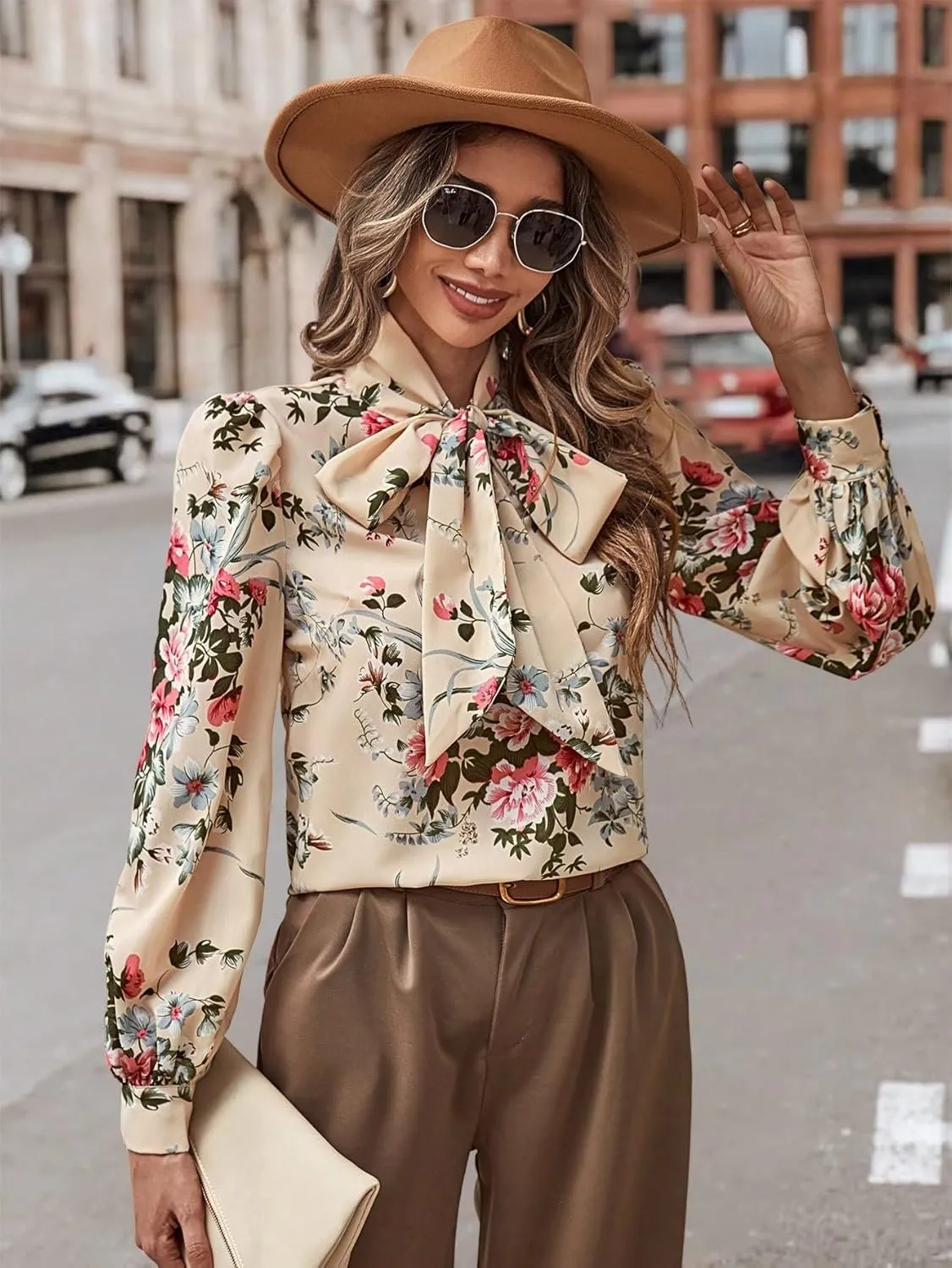Floerns Women's Printed Bow Tied Neck Lantern Long Sleeve Workwear Shirts Blouse