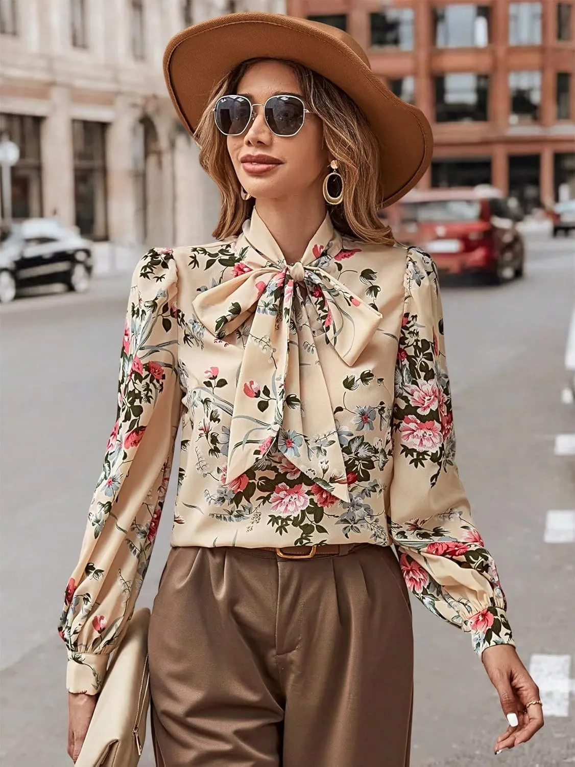 Floerns Women's Printed Bow Tied Neck Lantern Long Sleeve Workwear Shirts Blouse
