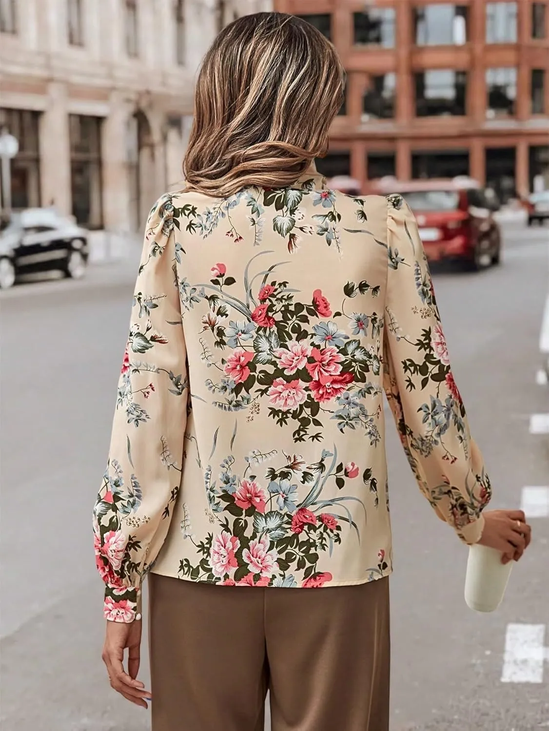Floerns Women's Printed Bow Tied Neck Lantern Long Sleeve Workwear Shirts Blouse