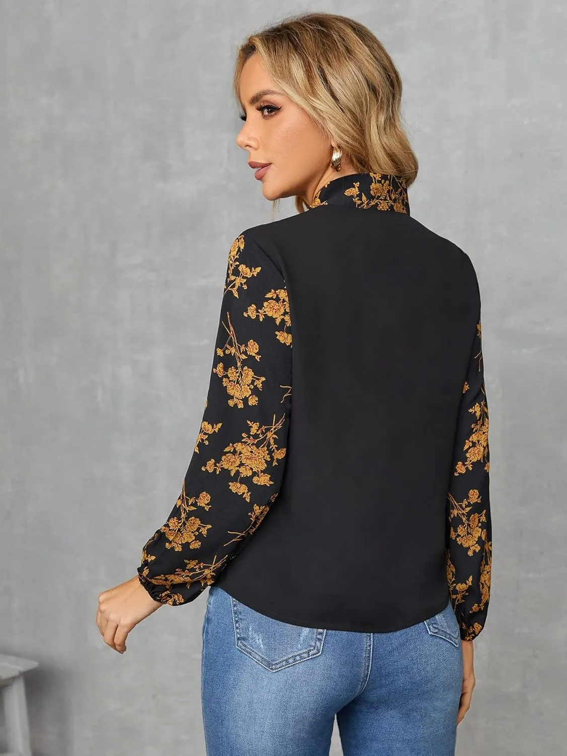 Floerns Women's Printed Bow Tied Neck Lantern Long Sleeve Workwear Shirts Blouse