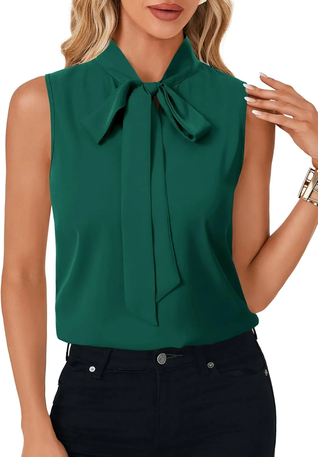 LYANER Women's Elegant Bow Tie Mock Neck Sleeveless Blouse Office Workwear Shirt Top