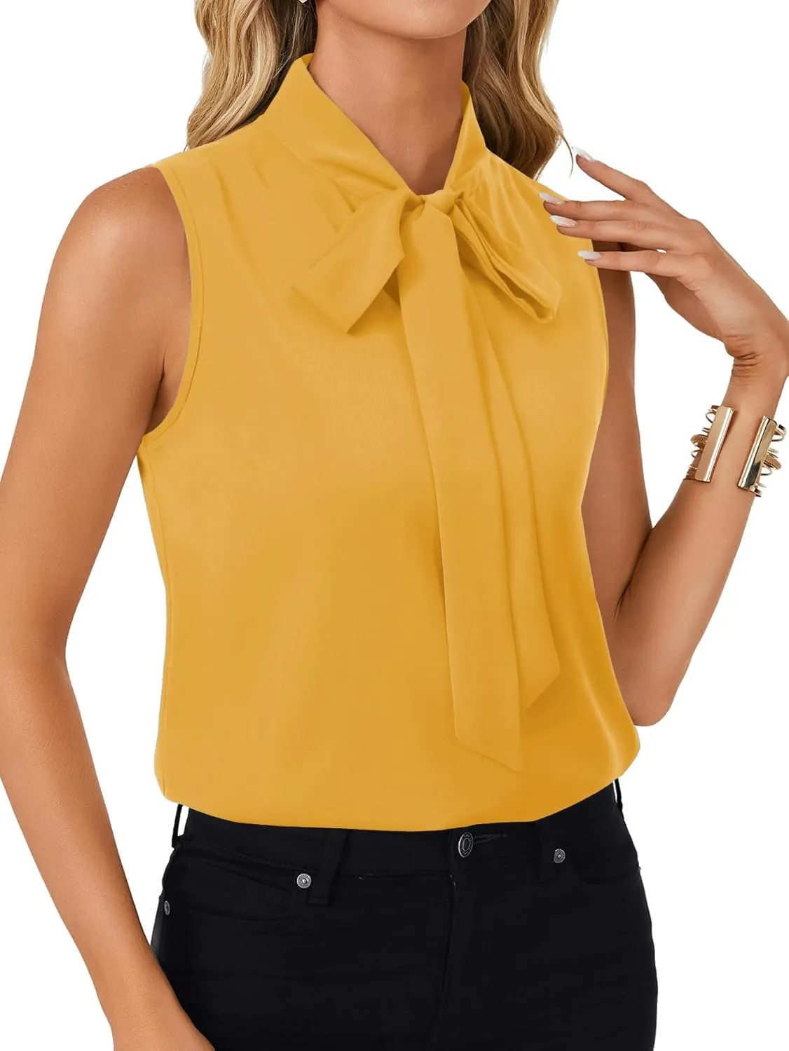 LYANER Women's Elegant Bow Tie Mock Neck Sleeveless Blouse Office Workwear Shirt Top