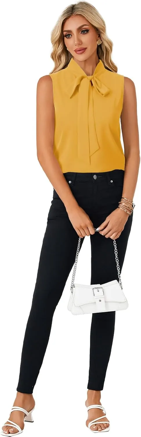 LYANER Women's Elegant Bow Tie Mock Neck Sleeveless Blouse Office Workwear Shirt Top