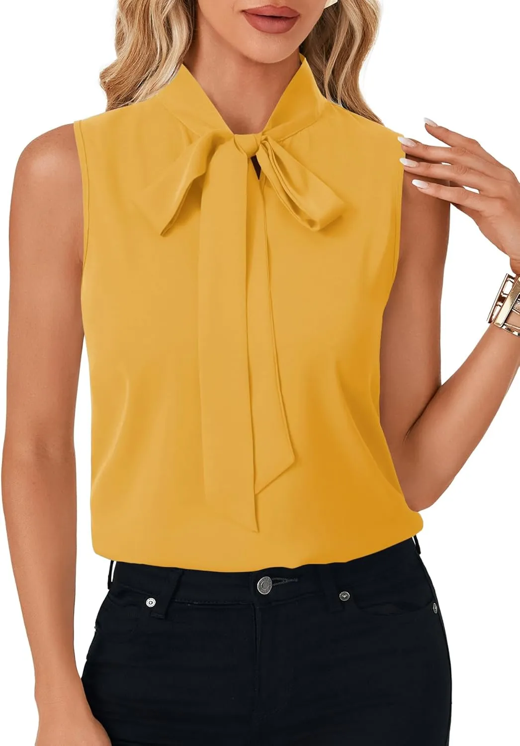 LYANER Women's Elegant Bow Tie Mock Neck Sleeveless Blouse Office Workwear Shirt Top