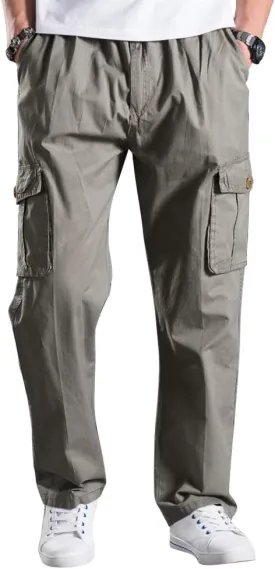 Men's Elastic Waist Cargo Pants,Casual Loose Fit Lightweight Workwear Pull On Pants