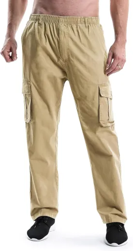 Men's Elastic Waist Cargo Pants,Casual Loose Fit Lightweight Workwear Pull On Pants
