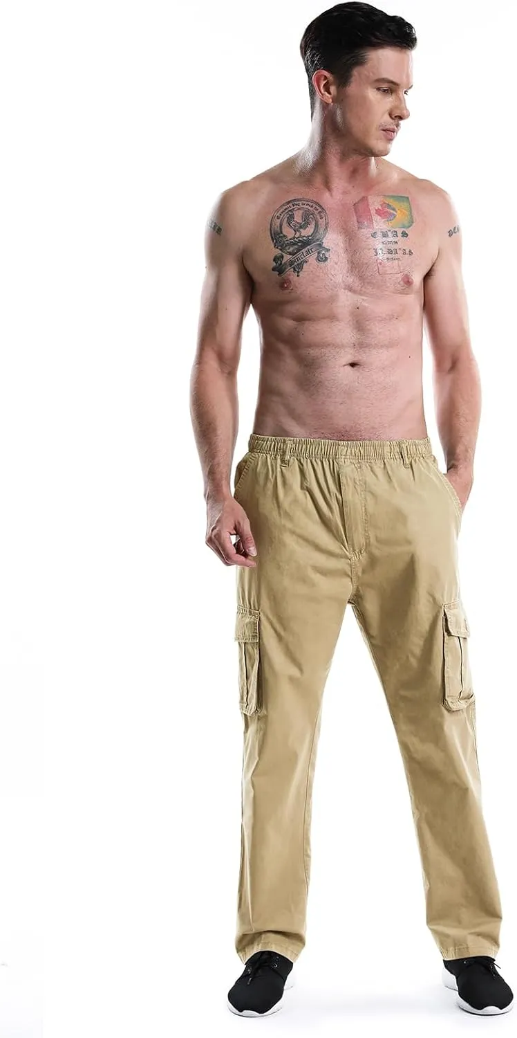 Men's Elastic Waist Cargo Pants,Casual Loose Fit Lightweight Workwear Pull On Pants