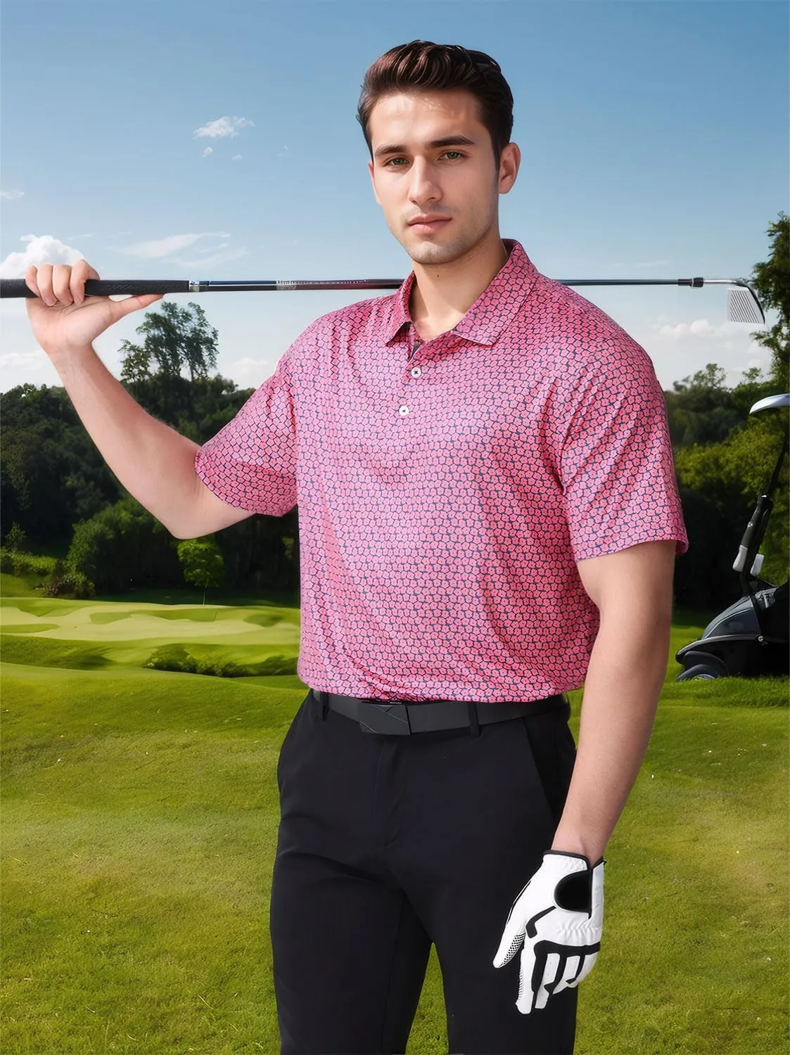 Mens Golf Polo Shirts Short Sleeve Print Performance Moisture Wicking Dry Fit Collared Golf Shirts for Men