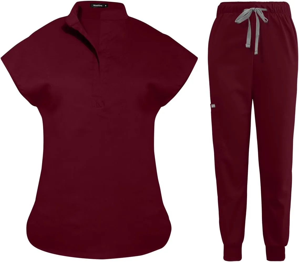 niaahinn Scrubs Set for Women Nurse Uniform Jogger Suit Stretch Top & Pants with Multi Pocket for Nurse Esthetician Workwear