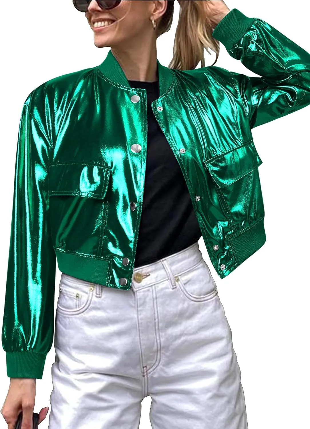 Nlife Women Sparkly Crop Jacket Silver Metallic Outerwear Holographic Button Down Shiny Sparkle Concert Outfit With Pocket