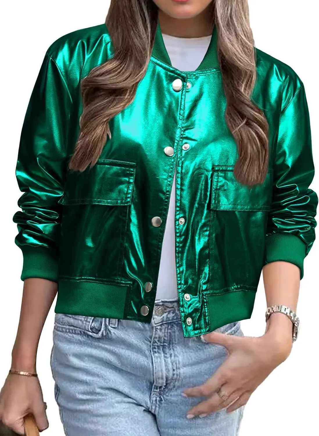 Nlife Women Sparkly Crop Jacket Silver Metallic Outerwear Holographic Button Down Shiny Sparkle Concert Outfit With Pocket