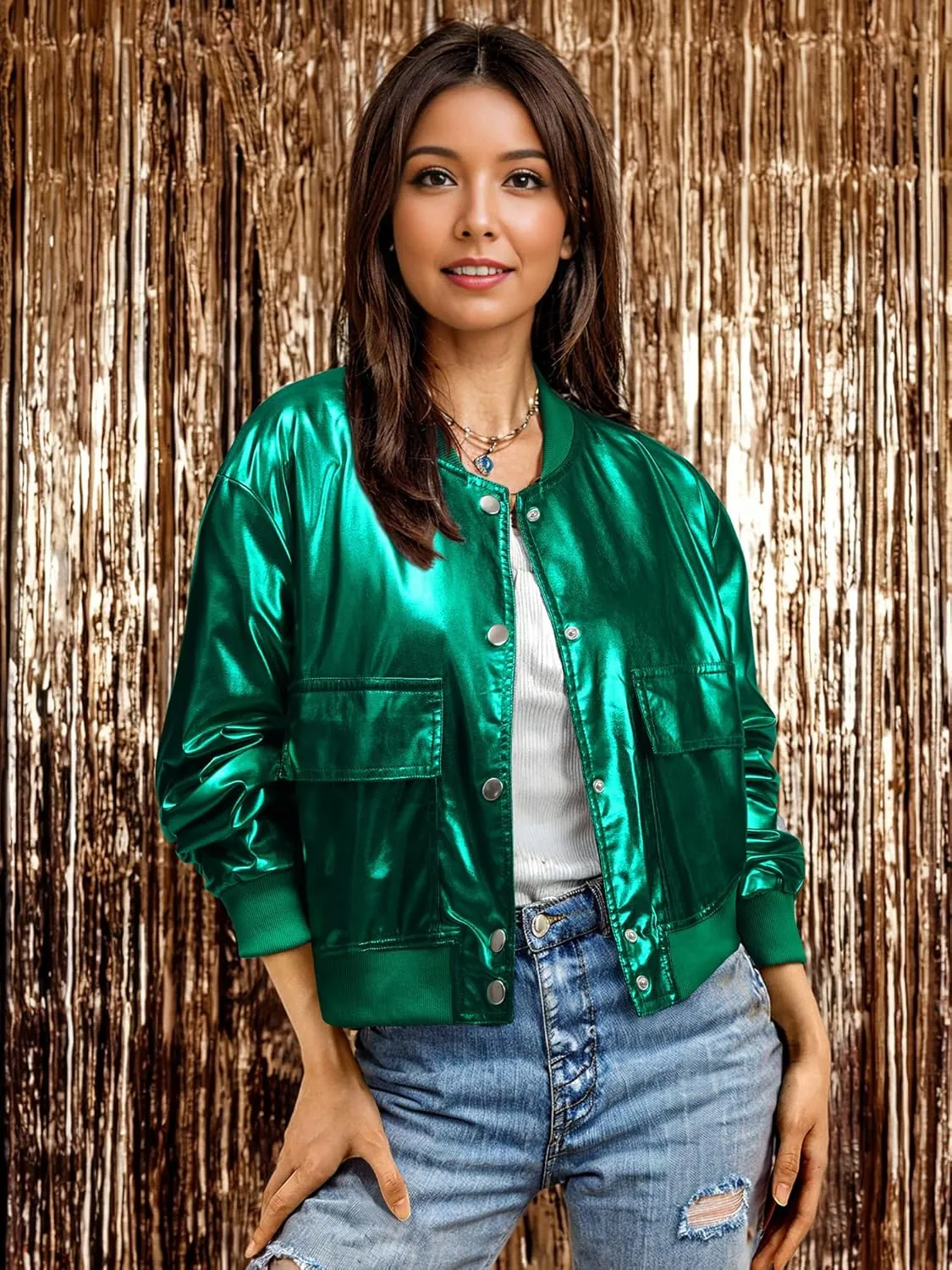 Nlife Women Sparkly Crop Jacket Silver Metallic Outerwear Holographic Button Down Shiny Sparkle Concert Outfit With Pocket