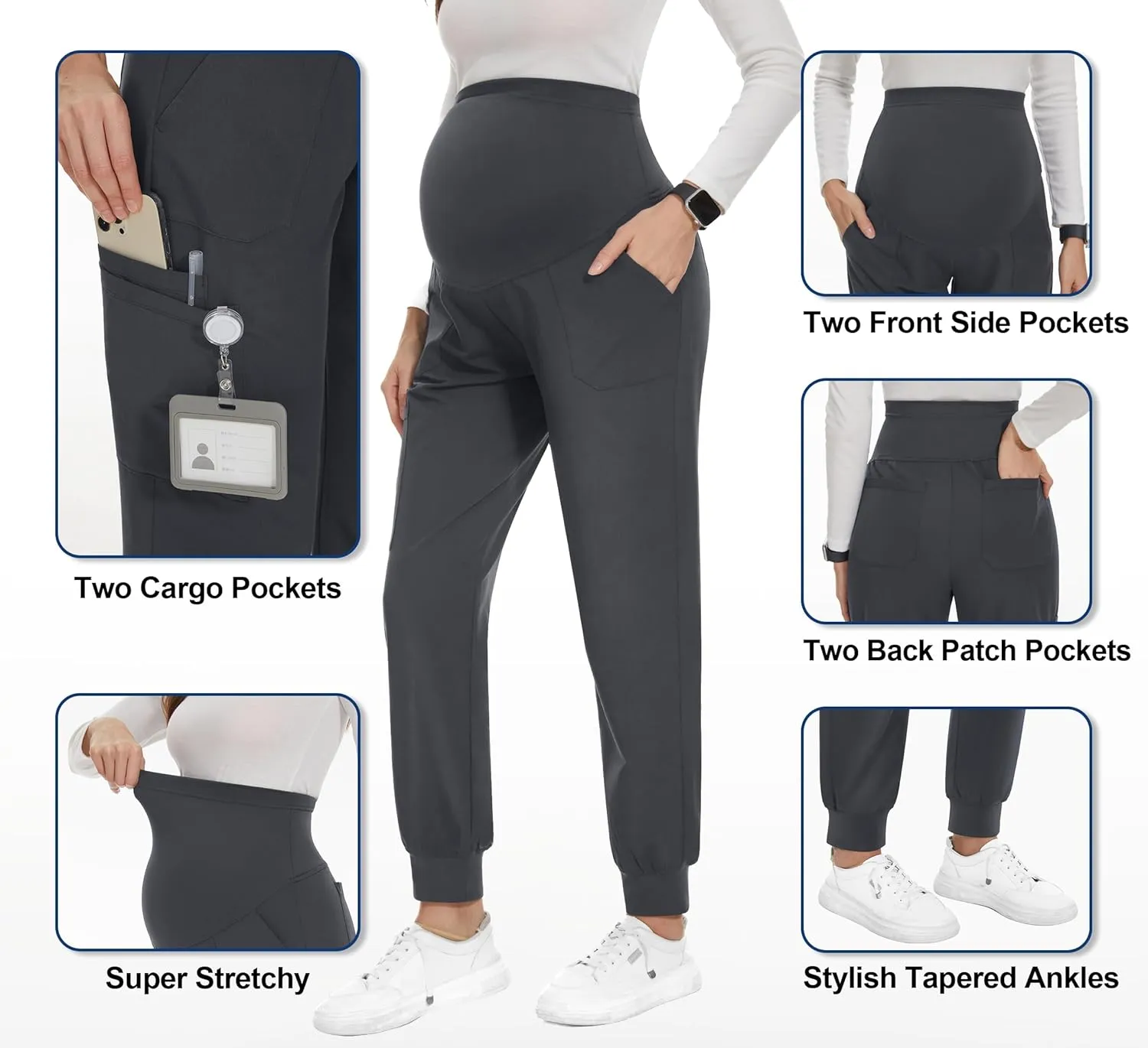 PACBREEZE Women's Maternity Scrubs with 6 Pockets, Workwear Maternity Jogger Scrubs Pregnancy Pants, S-XXL