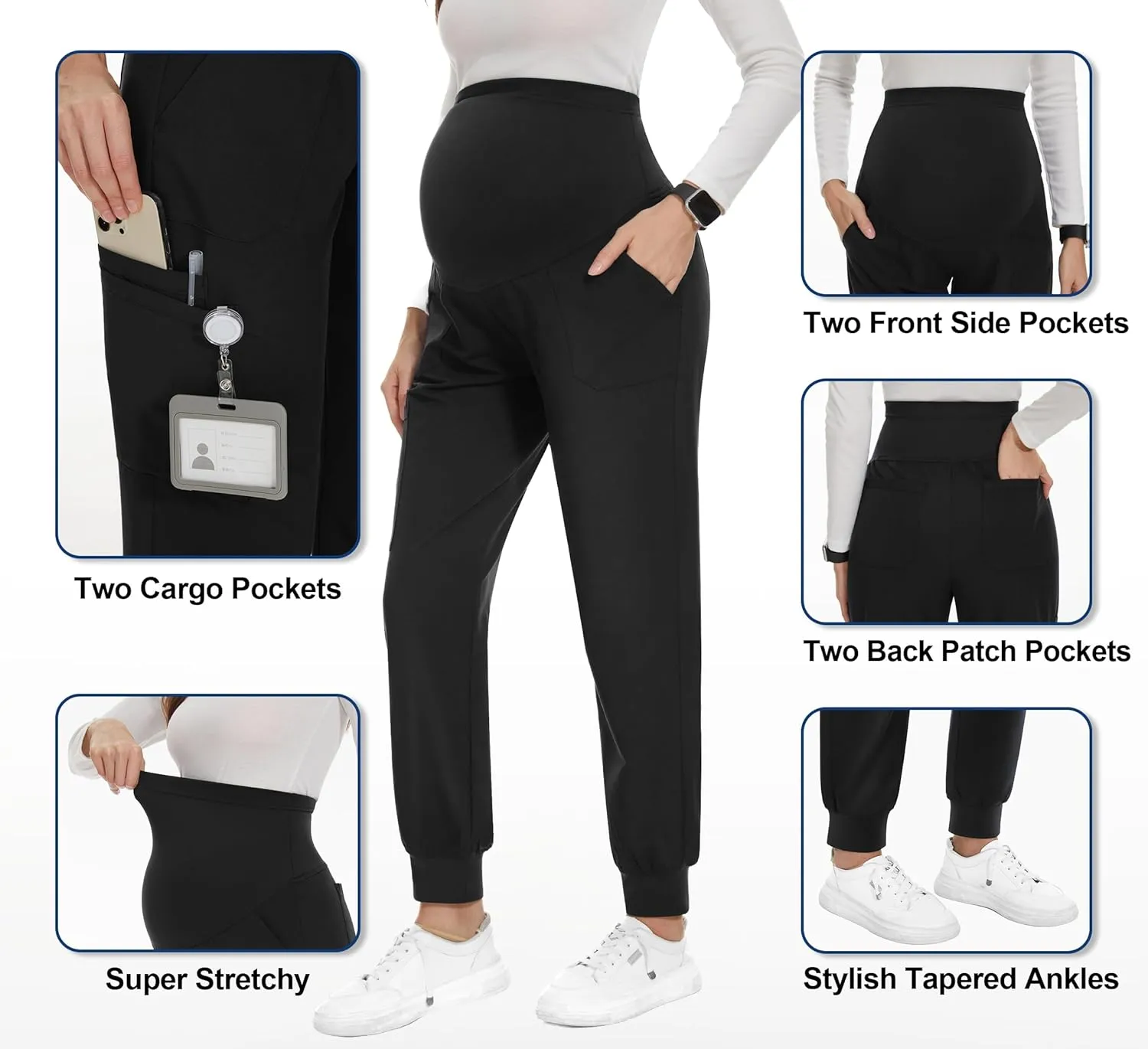 PACBREEZE Women's Maternity Scrubs with 6 Pockets, Workwear Maternity Jogger Scrubs Pregnancy Pants, S-XXL