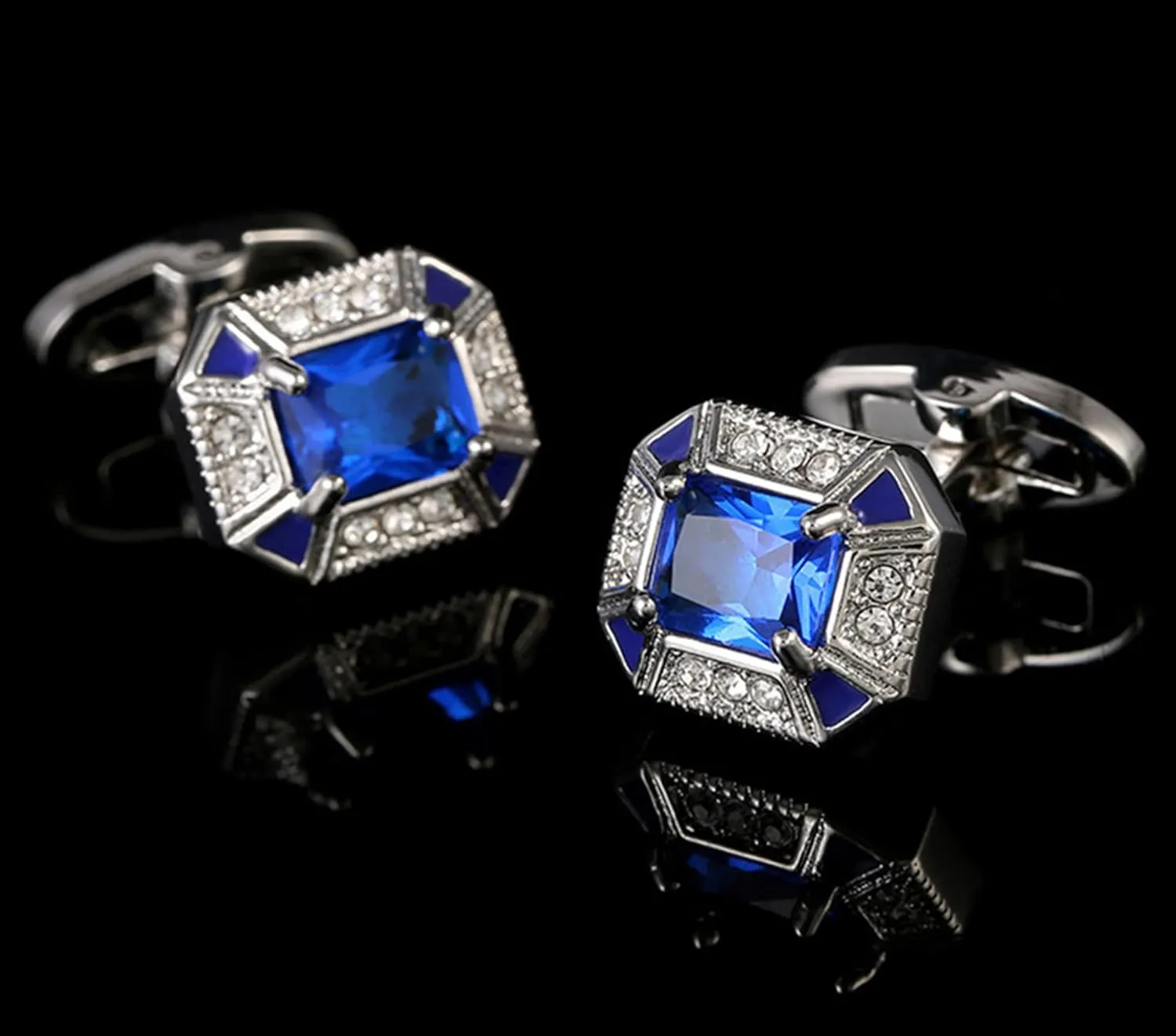 Rectangle Crystal Silver Tone Cufflinks for Men Purple/Blue/Transparent Crystals Men's Cuff Link Set for Wedding Shirt Party Business Birthday Anniversary Dress