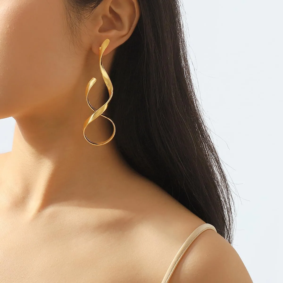 Spiral Silver and Gold Statement Earrings - Long Dangle Asymmetrical Abstract Geometric Drop Earrings for Women - Fashion Bold