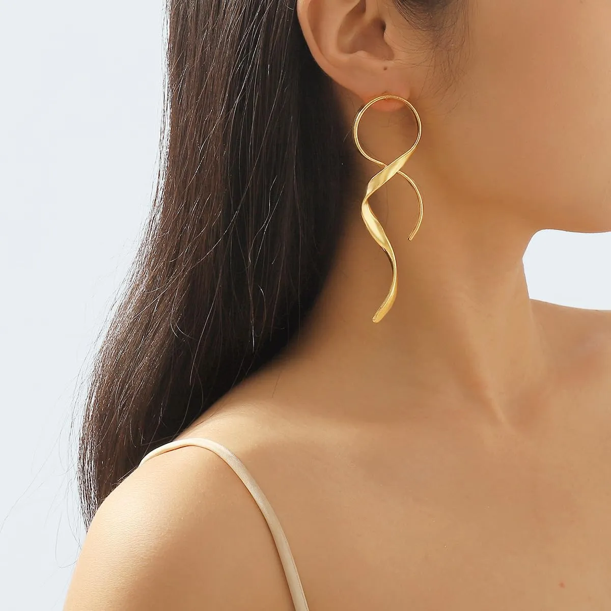 Spiral Silver and Gold Statement Earrings - Long Dangle Asymmetrical Abstract Geometric Drop Earrings for Women - Fashion Bold
