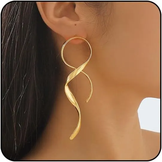 Spiral Silver and Gold Statement Earrings - Long Dangle Asymmetrical Abstract Geometric Drop Earrings for Women - Fashion Bold