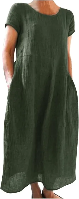 Summer Linen Maxi Dresses for Women Boho Casual Short Sleeve Loose Comfy Beach Vacation Long Dress with Pockets