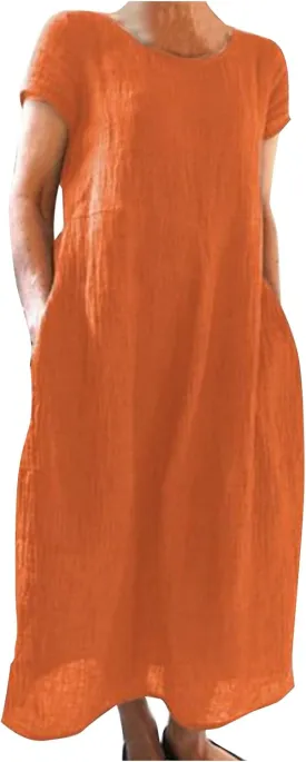 Summer Linen Maxi Dresses for Women Boho Casual Short Sleeve Loose Comfy Beach Vacation Long Dress with Pockets