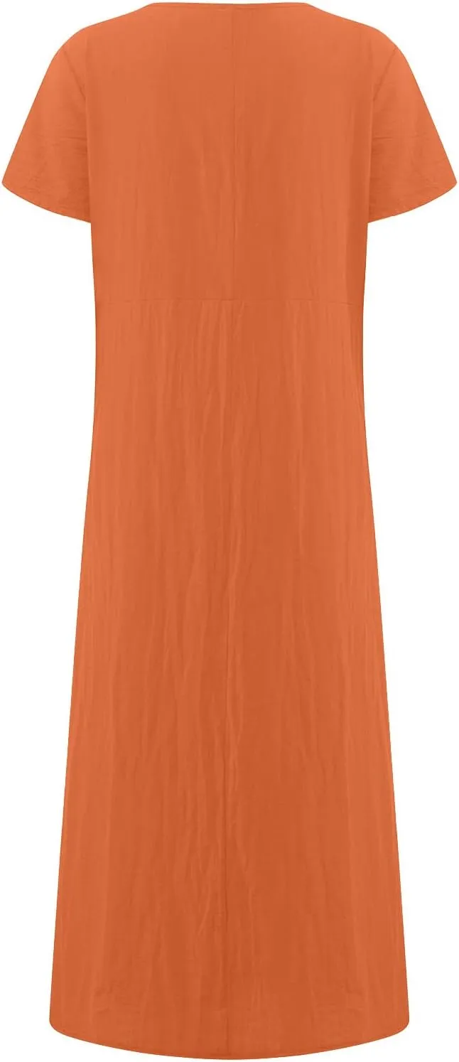 Summer Linen Maxi Dresses for Women Boho Casual Short Sleeve Loose Comfy Beach Vacation Long Dress with Pockets
