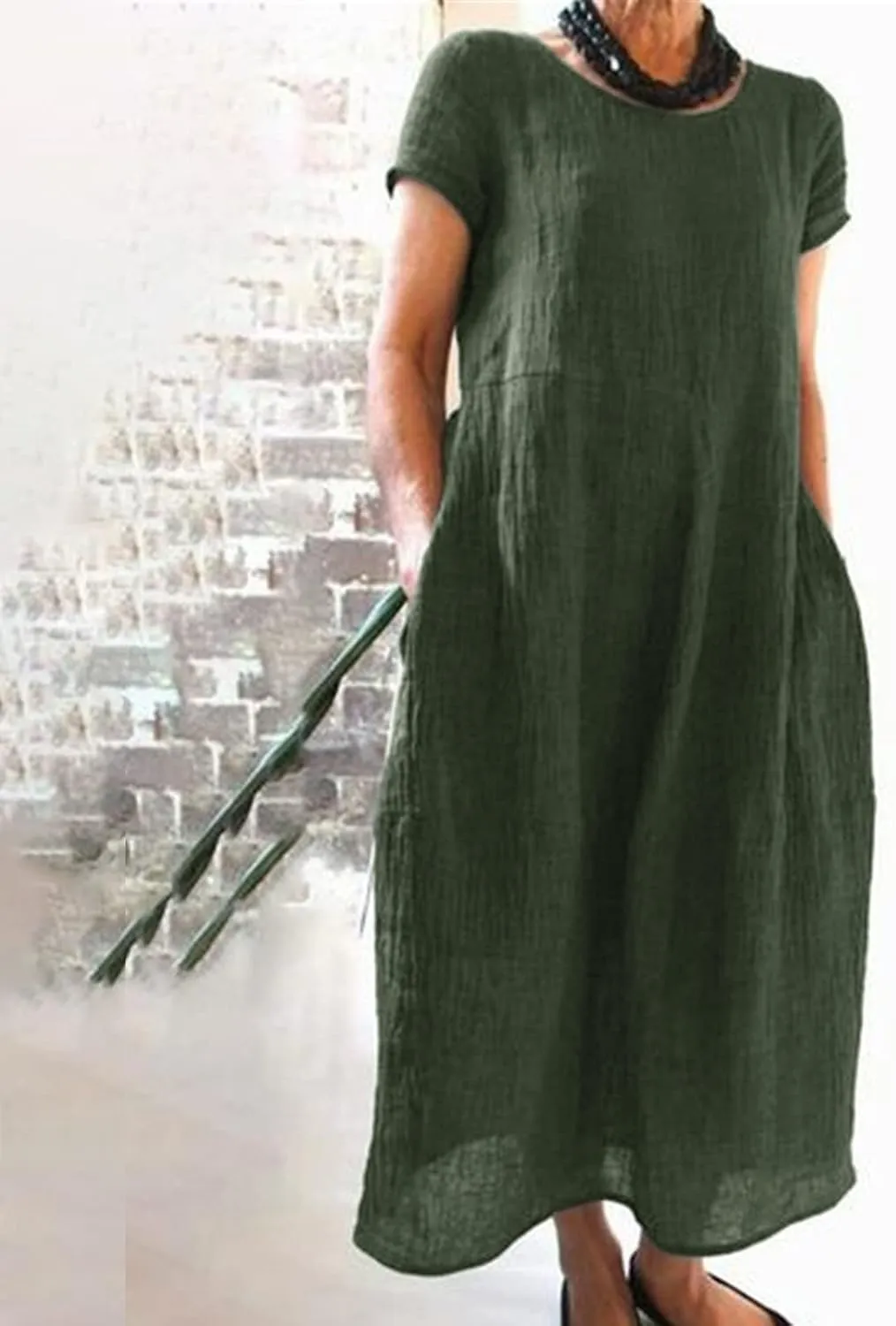 Summer Linen Maxi Dresses for Women Boho Casual Short Sleeve Loose Comfy Beach Vacation Long Dress with Pockets