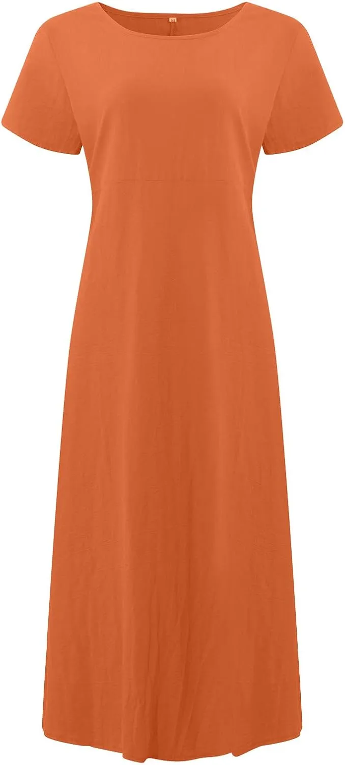 Summer Linen Maxi Dresses for Women Boho Casual Short Sleeve Loose Comfy Beach Vacation Long Dress with Pockets