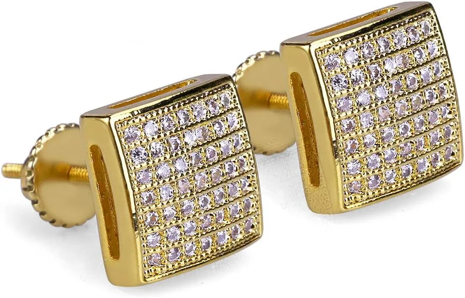 TOPGRILLZ 925 Sterling Silver Square Screw Stud Earrings 14K Gold Plated 5A  Cubic Zirconia Iced Out Square Screw Back Hypoallergenic Cube Large Stud Earrings For Men Women
