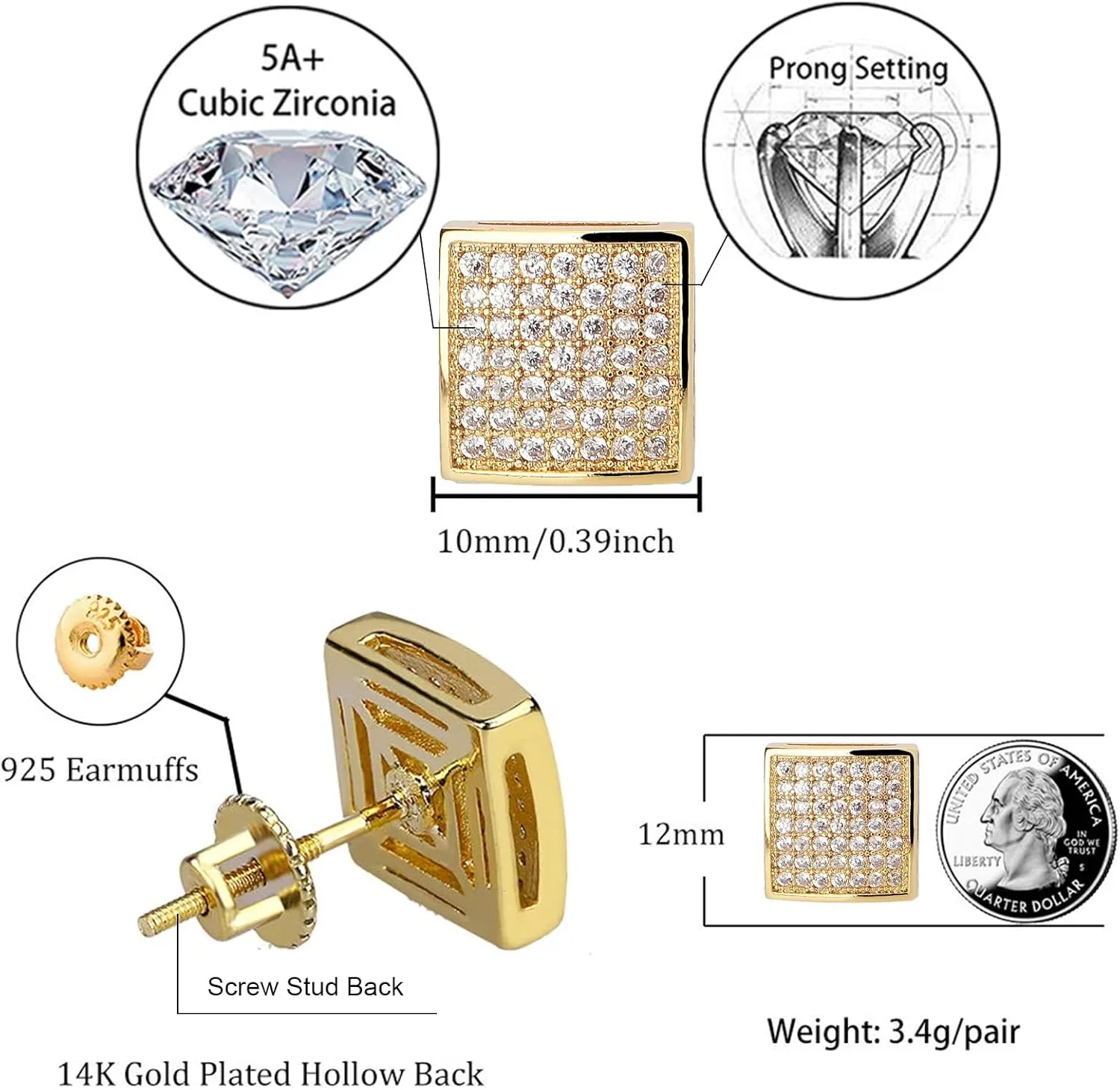 TOPGRILLZ 925 Sterling Silver Square Screw Stud Earrings 14K Gold Plated 5A  Cubic Zirconia Iced Out Square Screw Back Hypoallergenic Cube Large Stud Earrings For Men Women
