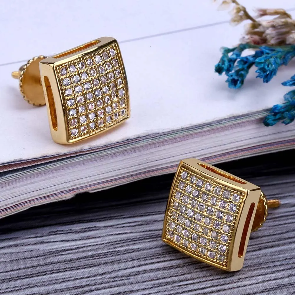 TOPGRILLZ 925 Sterling Silver Square Screw Stud Earrings 14K Gold Plated 5A  Cubic Zirconia Iced Out Square Screw Back Hypoallergenic Cube Large Stud Earrings For Men Women