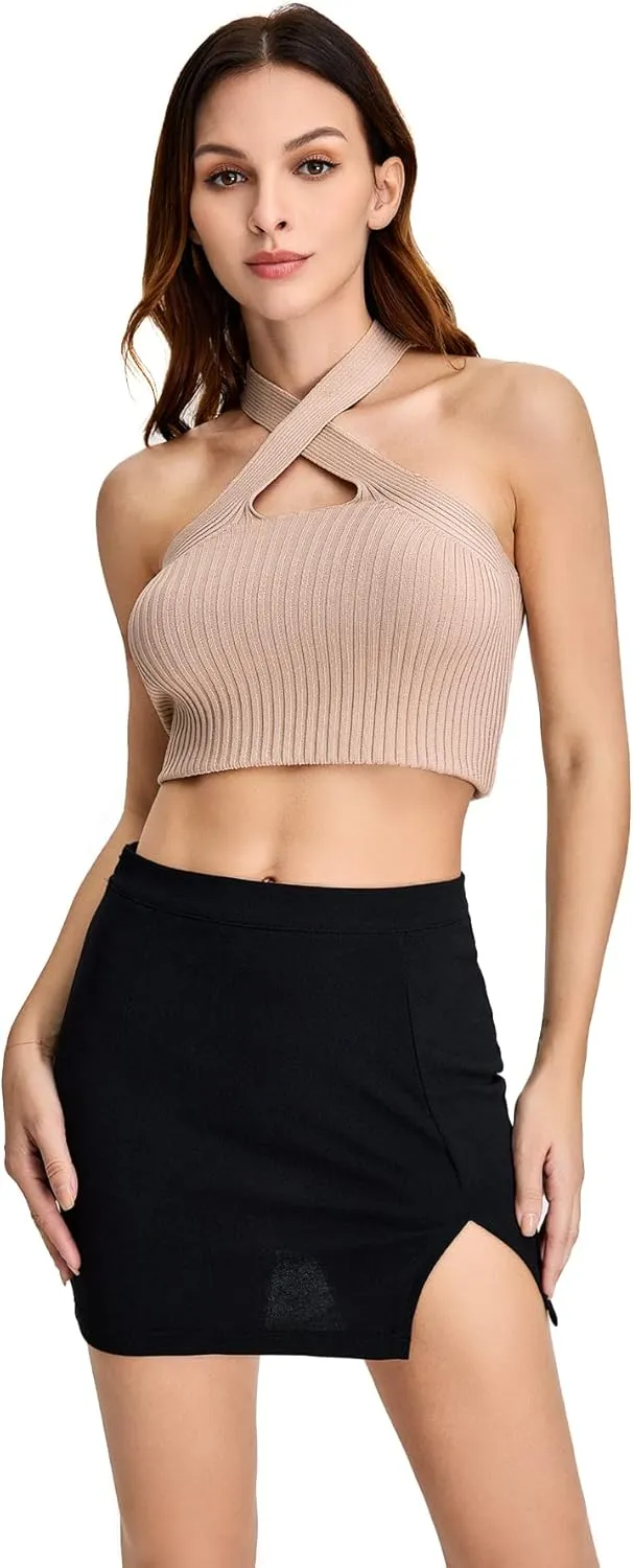 WDIRARA Women's Summer Solid Split Hem Zip Back Mini Workwear Skirt
