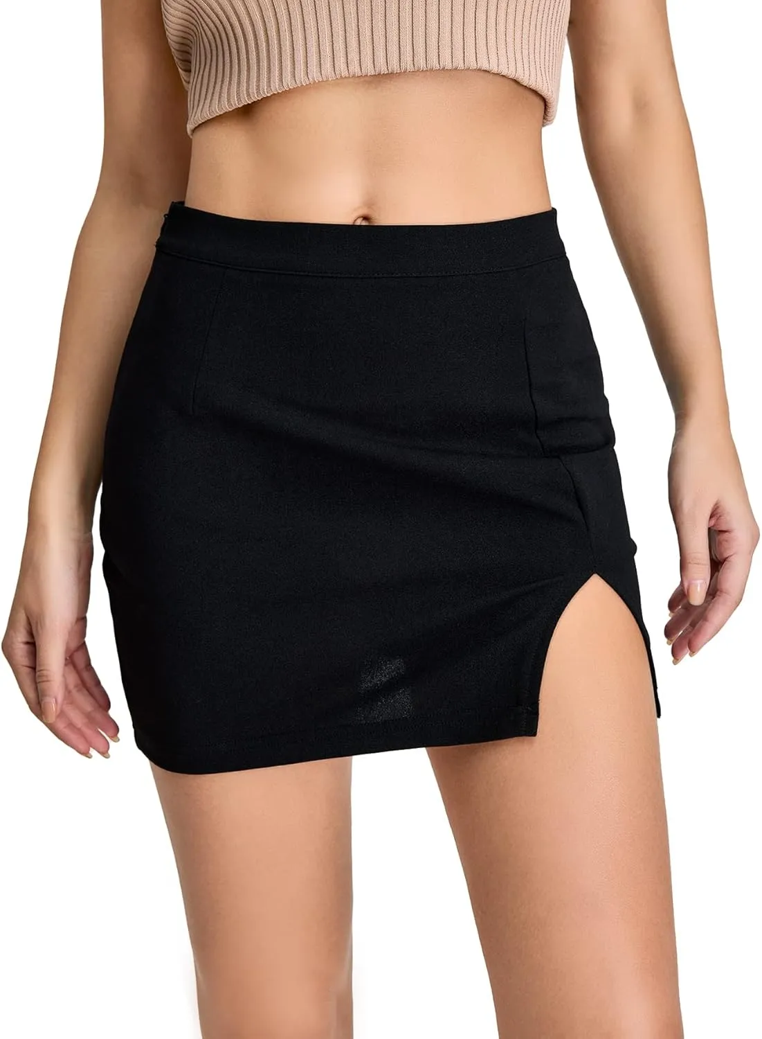 WDIRARA Women's Summer Solid Split Hem Zip Back Mini Workwear Skirt
