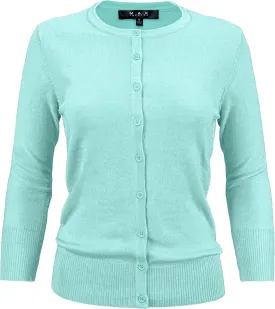 YEMAK Women's Knit Cardigan Sweater  3/4 Sleeve Crewneck Basic Classic Casual Button Down Soft Lightweight Top (S-3XL)