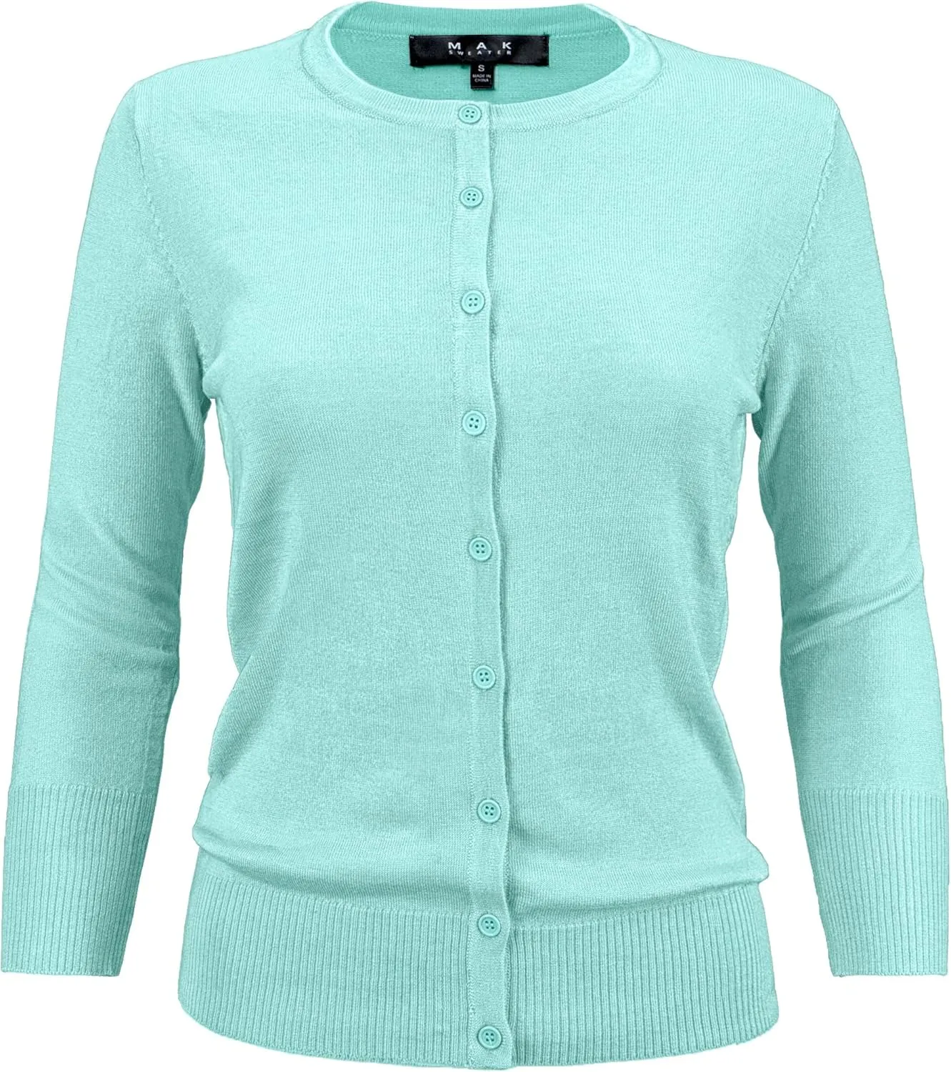 YEMAK Women's Knit Cardigan Sweater  3/4 Sleeve Crewneck Basic Classic Casual Button Down Soft Lightweight Top (S-3XL)