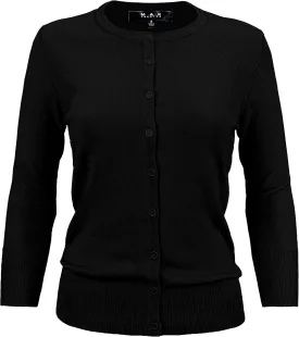 YEMAK Women's Knit Cardigan Sweater  3/4 Sleeve Crewneck Basic Classic Casual Button Down Soft Lightweight Top (S-3XL)