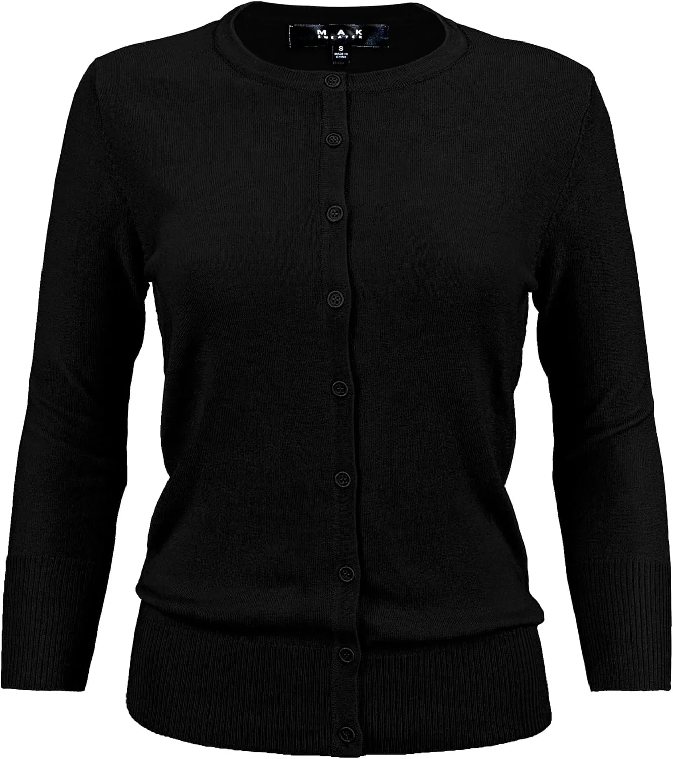 YEMAK Women's Knit Cardigan Sweater  3/4 Sleeve Crewneck Basic Classic Casual Button Down Soft Lightweight Top (S-3XL)